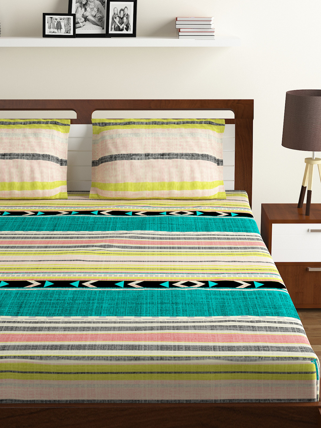 Blue & Yellow Striped 120 TC Cotton 1 Queen Bedsheet with 2 Pillow