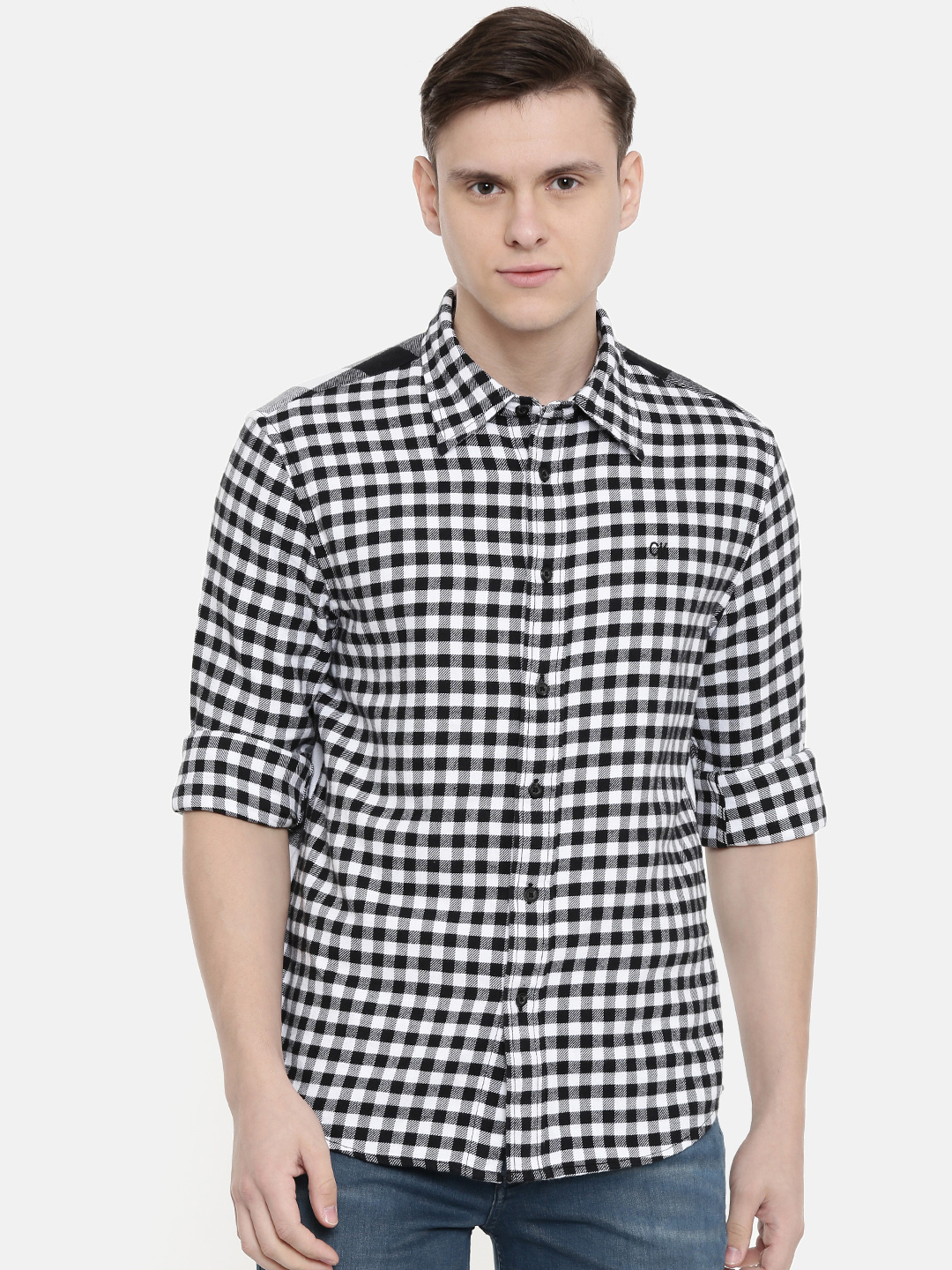 Men Black & White Regular Fit Checked Casual Shirt